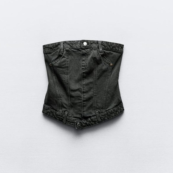 NWT Zara Black Denim Strapless Corset Top with Silver Buttons Size Medium - Picture 5 of 9